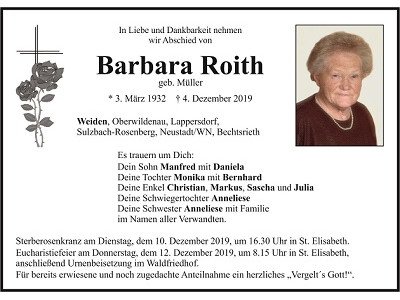 Traueranzeige Barbara Roith, Weiden