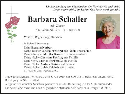 Traueranzeige Barbara Schaller, Weiden