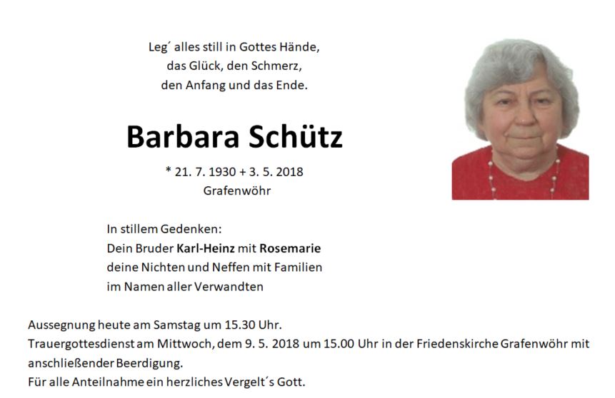 Traueranzeige Barbara Schütz, Grafenwöhr