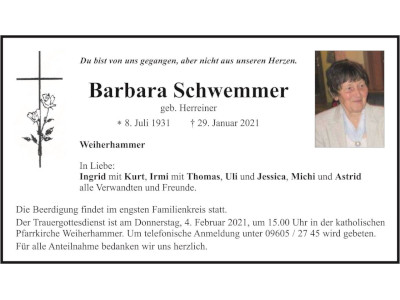 Traueranzeige Barbara Schwemmer, Weiherhammer