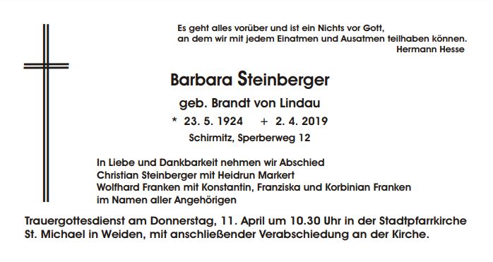 Traueranzeige Barbara Steinberger, Schirmitz