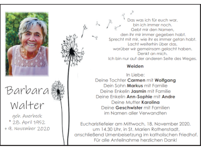 Traueranzeige Barbara Walter, Weiden