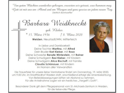 Traueranzeige Barbara Weidknecht, Weiden