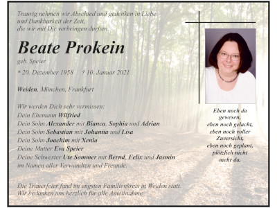 Traueranzeige Beate Prokein, Weiden