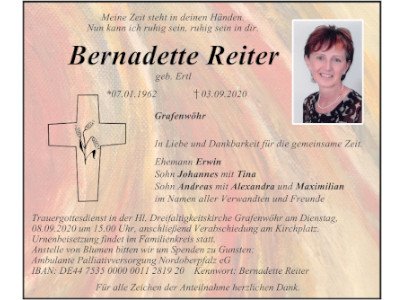 Traueranzeige Bernadette Reiter, Grafenwöhr