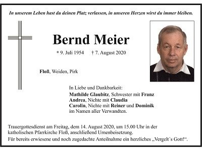 Traueranzeige Bernd Meier, Floß