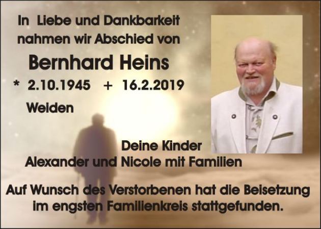 Traueranzeige Bernhard Heins, Weiden