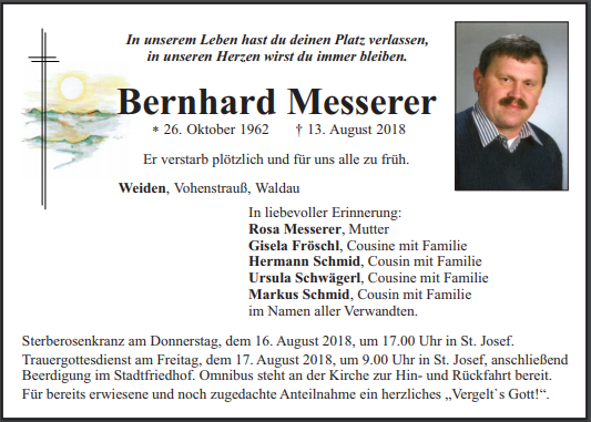Traueranzeige Bernhard Messerer, Weiden