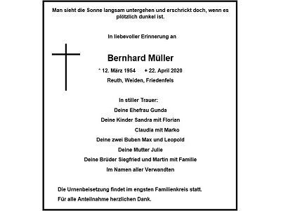 Traueranzeige Bernhard Müller, Reuth