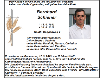 Traueranzeige Bernhard Schiener, Reuth