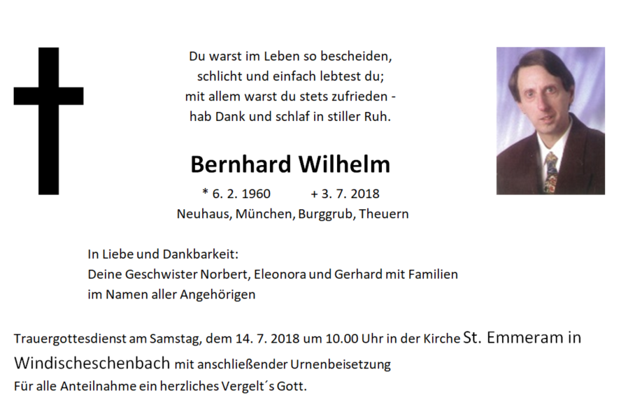 Traueranzeige Bernhard Wilhelm, Neuhaus