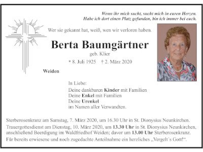 Traueranzeige Berta Baumgärtner, Weiden