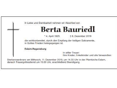 Traueranzeige Berta Bauriedl, Eslarn