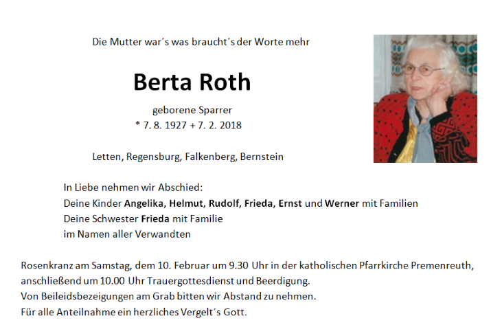 Traueranzeige Berta Roth, Letten