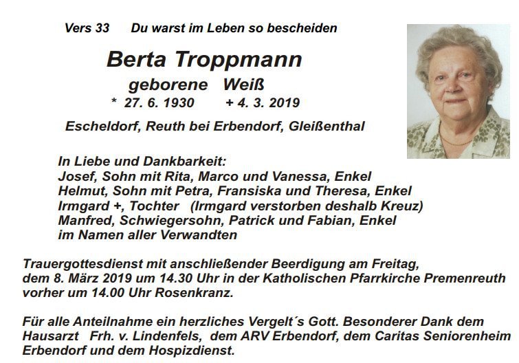 Traueranzeige Berta Troppmann, Escheldorf