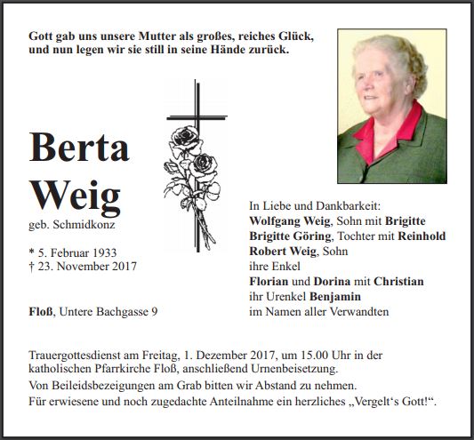 Traueranzeige Berta Weig, Floß