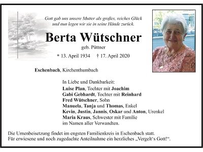 Traueranzeige Berta Wütschner, Eschenbach