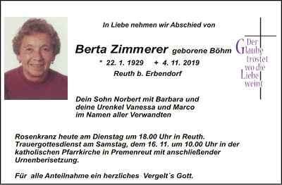 Traueranzeige Berta Zimmerer, Reuth bei Erbendorf
