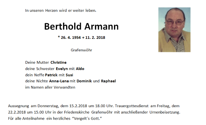 Traueranzeige Berthold Armann, Grafenwöhr