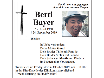 Traueranzeige Berti Bayer, Weiden