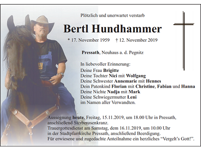 Traueranzeige Bertl Hundhammer, Pressath