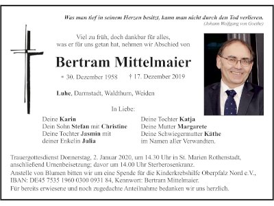 Traueranzeige Bertram Mittelmaier, Luhe-Wildenau