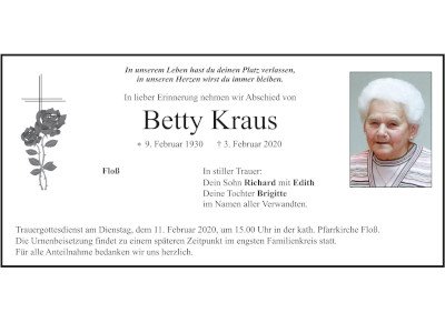 Traueranzeige Betty Kraus, Floß