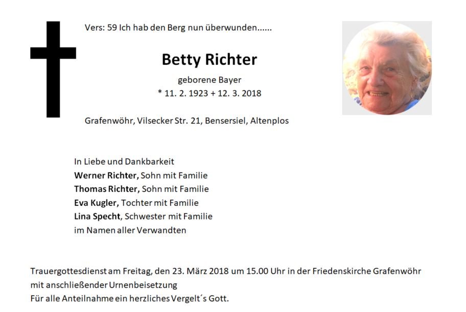 Traueranzeige Betty Richter, Grafenwöhr