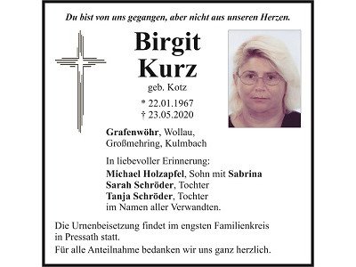Traueranzeige Birgit Kurz, Grafenwöhr