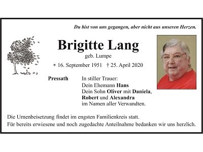 Traueranzeige Brigitte Lang, Pressath