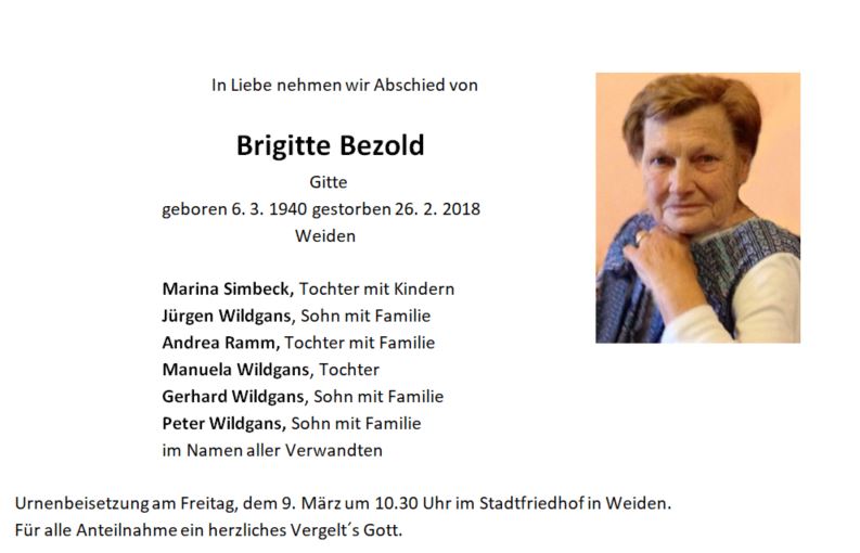 Traueranzeige Brigitte Bezold, Weiden