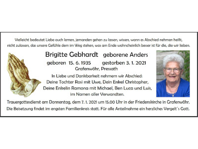 Traueranzeige Brigitte Gebhardt, Grafenwöhr