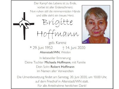 Traueranzeige Brigitte Hoffmann, Altenstadt