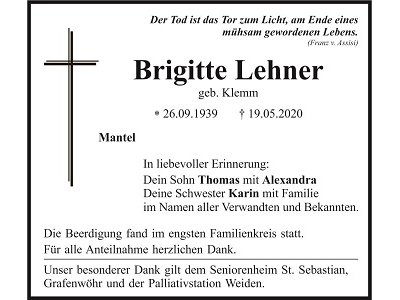 Traueranzeige Brigitte Lehner, Mantel