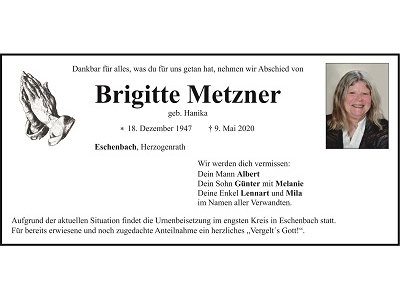 Traueranzeige Brigitte Metzner, Eschenbach