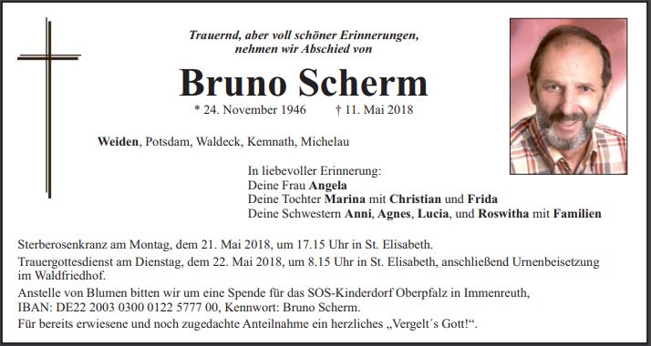 Traueranzeige Bruno Scherm, Weiden