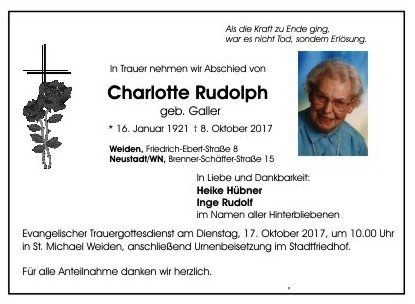 Traueranzeige Charlotte Rudolph, Weiden