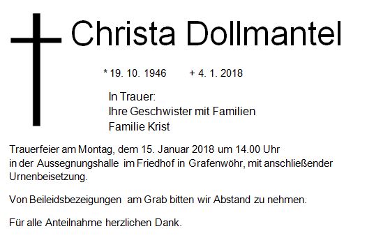 Traueranzeige Christa Dollmantel, Grafenwöhr