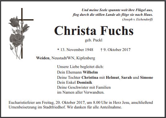 Traueranzeige Christa Fuchs, Weiden