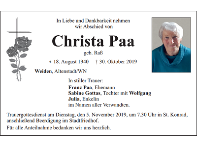 Traueranzeige Christa Paa, Weiden