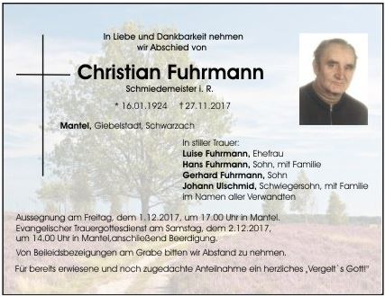 Traueranzeige Christian Fuhrmann, Mantel