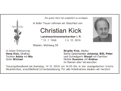 Traueranzeige Christian Kick, Weiden