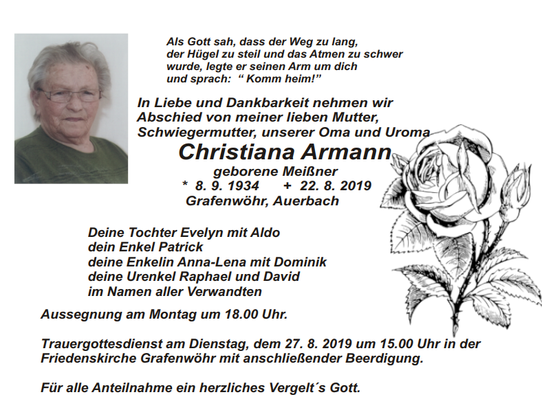 Traueranzeige Christiana Armann, Grafenwöhr