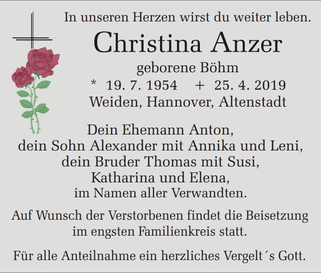 Traueranzeige Christina Anzer, Weiden