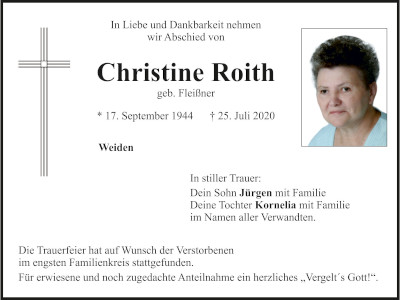 Traueranzeige Christine Roith, Weiden