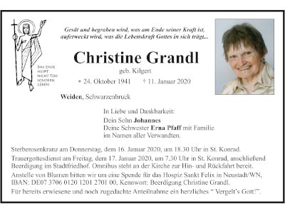 Traueranzeige Christine Grandl, Weiden