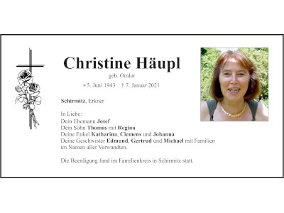 Traueranzeige Christine Häupl, Schirmitz