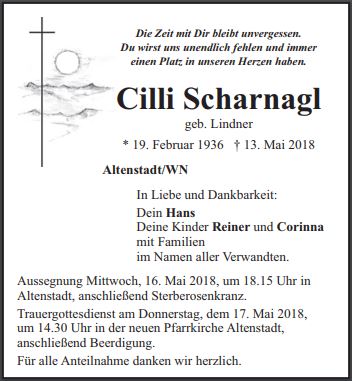 Traueranzeige Cilli Scharnagl, Altenstadt/WN