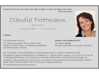 Traueranzeige Claudia Trottmann, Trebsau