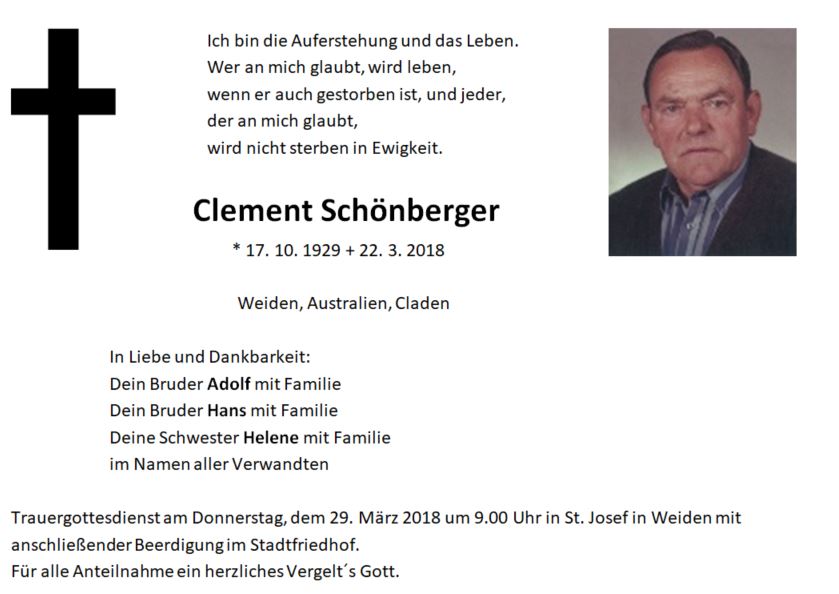 Traueranzeige Clement Schönberger, Weiden